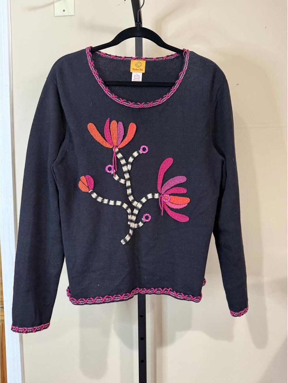 Ruby Rd Large Flower Black Sweater with Pink and Orange Floral Applique